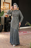 Boncuk İşlemeli Gri Tesettür Abiye Elbise 51621GR