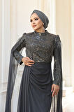  Pelerin Detaylı Füme Tesettür Abiye Elbise 52592FU