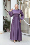  Balon Kol Lila Saten Tesettür Abiye Elbise 61501LILA