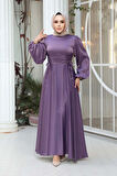  Balon Kol Lila Saten Tesettür Abiye Elbise 61501LILA