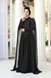 Boncuk Detaylı Pelerinli Siyah Tesettür Abiye Elbise 53141S