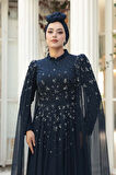 Boncuk Detaylı Pelerinli Lacivert Tesettür Abiye Elbise 53141L