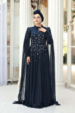Boncuk Detaylı Pelerinli Lacivert Tesettür Abiye Elbise 53141L