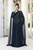 Boncuk Detaylı Pelerinli Lacivert Tesettür Abiye Elbise 53141L
