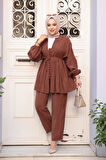 Pile Detaylı Çikolata Tesettür İkili Takım 19031CK