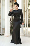 Taş İşlemeli Siyah Tesettür Saten Abiye Elbise 5337S