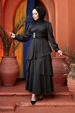 Kat Etekli  Siyah Tesettür Abiye Elbise 62291S