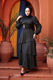 Kat Etekli  Siyah Tesettür Abiye Elbise 62291S