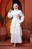 Kat Etekli Beyaz Tesettür Abiye Elbise 62291B