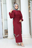Balon Kol Bordo Tesettür Abiye Elbise 62251BR