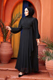 Bağlama Detaylı Siyah Tesettür Abiye Elbise 62261S