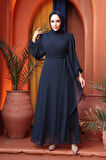 Bağlama Detaylı Lacivert Tesettür Abiye Elbise 62261L