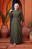 Bağlama Detaylı Haki Tesettür Abiye Elbise 62261HK