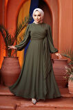 Bağlama Detaylı Haki Tesettür Abiye Elbise 62261HK