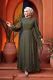 Bağlama Detaylı Haki Tesettür Abiye Elbise 62261HK