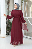 Bağlama Detaylı Bordo Tesettür Abiye Elbise 62261BR