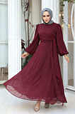 Bağlama Detaylı Bordo Tesettür Abiye Elbise 62261BR