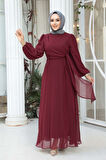 Bağlama Detaylı Bordo Tesettür Abiye Elbise 62261BR