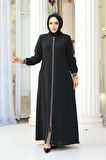 Fermuarlı Siyah Tesettür Ferace 26381S