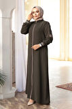 Fermuarlı Haki Tesettür Ferace 26381HK