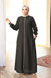 Fermuarlı Koyu Haki Tesettür Ferace 26381KHK