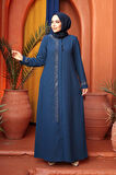 Boncuk Detaylı İndigo Mavisi Tesettür Abaya 26331IM