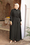 Kemerli Koyu Haki Tesettür Ferace 26391KHK