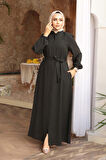 Kemerli Koyu Haki Tesettür Ferace 26391KHK