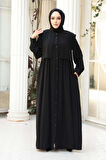 Düğmeli Siyah Tesettür Ferace 26441S