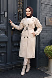 Tokalı Kemerli Bej Tesettür Trençkot 26412BEJ
