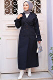 Tokalı Kemerli Lacivert Tesettür Trençkot 26413L