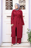 Düğme Detaylı Bordo Tesettür Üçlü Takım 7677BR