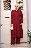 Düğmeli Bordo Tesettür Üçlü Takım 76591BR
