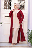 Düğmeli Bordo Tesettür Üçlü Takım 76221BR