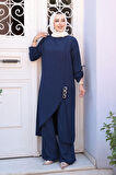 Asimetrik Detaylı Lacivert Tesettür İkili Takım 7656L