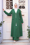 Ceketli Yeşil Tesettür Üçlü Takım 7678Y