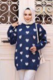 Kalp Desenli Lacivert Tesettür Triko Kazak Tunik 8688L