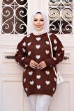 Kalp Desenli Kahverengi Tesettür Triko Kazak Tunik 8688KH