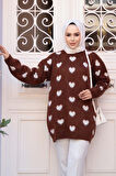 Kalp Desenli Kahverengi Tesettür Triko Kazak Tunik 8688KH