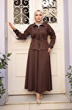 Etekli Koyu Kahverengi Tesettür İkili Takım 13251KKH