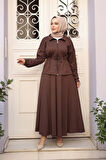 Etekli Koyu Kahverengi Tesettür İkili Takım 13251KKH