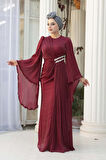 Volan Kollu Bordo Tesettür Abiye Elbise 5322BR