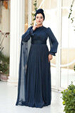 Pelerin Detaylı Lacivert Tesettür Abiye Elbise 5394L