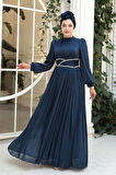 Drape Detaylı Lacivert Tesettür Abiye Elbise 54041L
