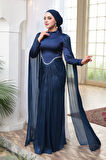  Pelerinli Lacivert Tesettür Abiye Elbise 5418L