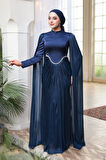  Pelerinli Lacivert Tesettür Abiye Elbise 5418L