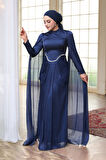  Pelerinli Lacivert Tesettür Abiye Elbise 5418L