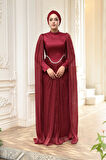  Pelerinli Bordo Tesettür Abiye Elbise 5418BR