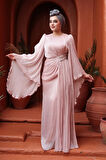 Volan Kollu Pudra Tesettür Abiye Elbise 5322PD