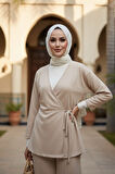 Yandan Bağlama Detaylı Bej Tesettür İkili Takım 13301BEJ
